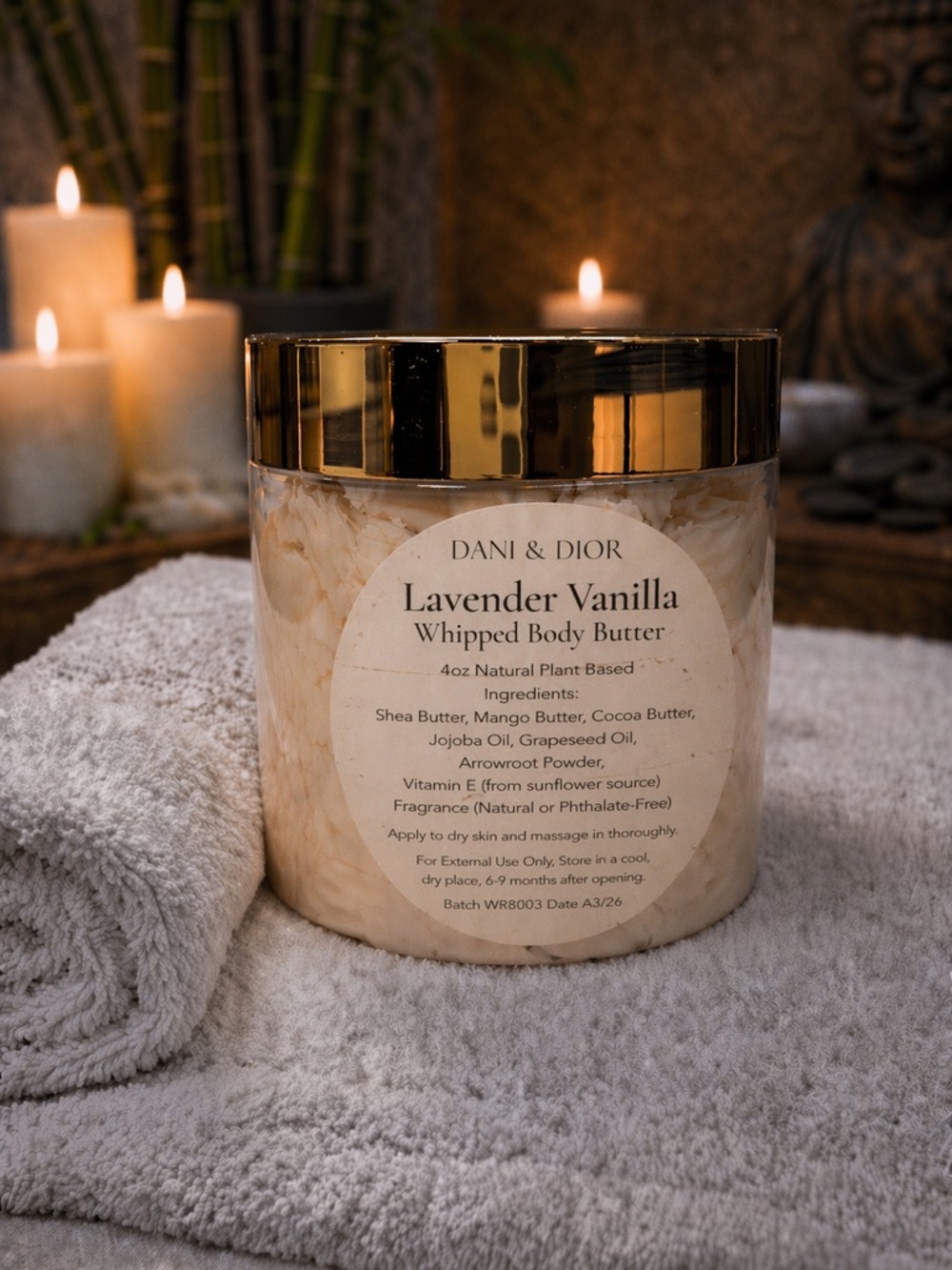 4oz Lavender Vanilla Whipped Body Butter jar top color black gold or white